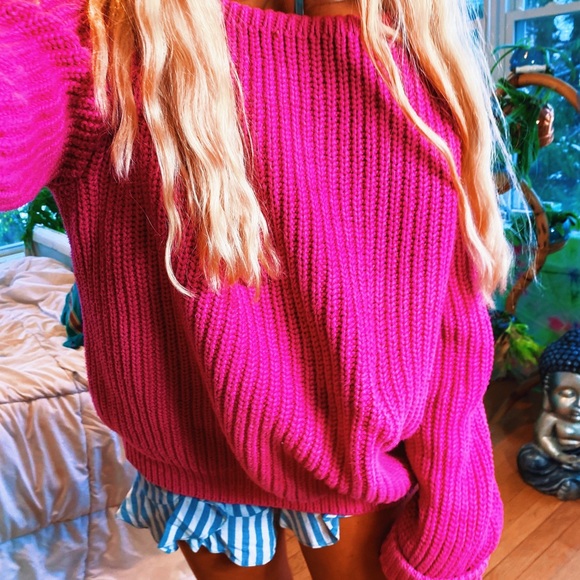 Ultra Thick Woven Fuchsia Pink Oversized Sweater - Picture 6 of 15